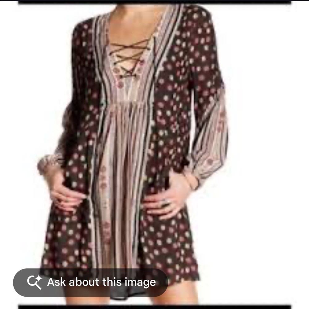 Free People Brown and Red Floral Long Sleeve Dress